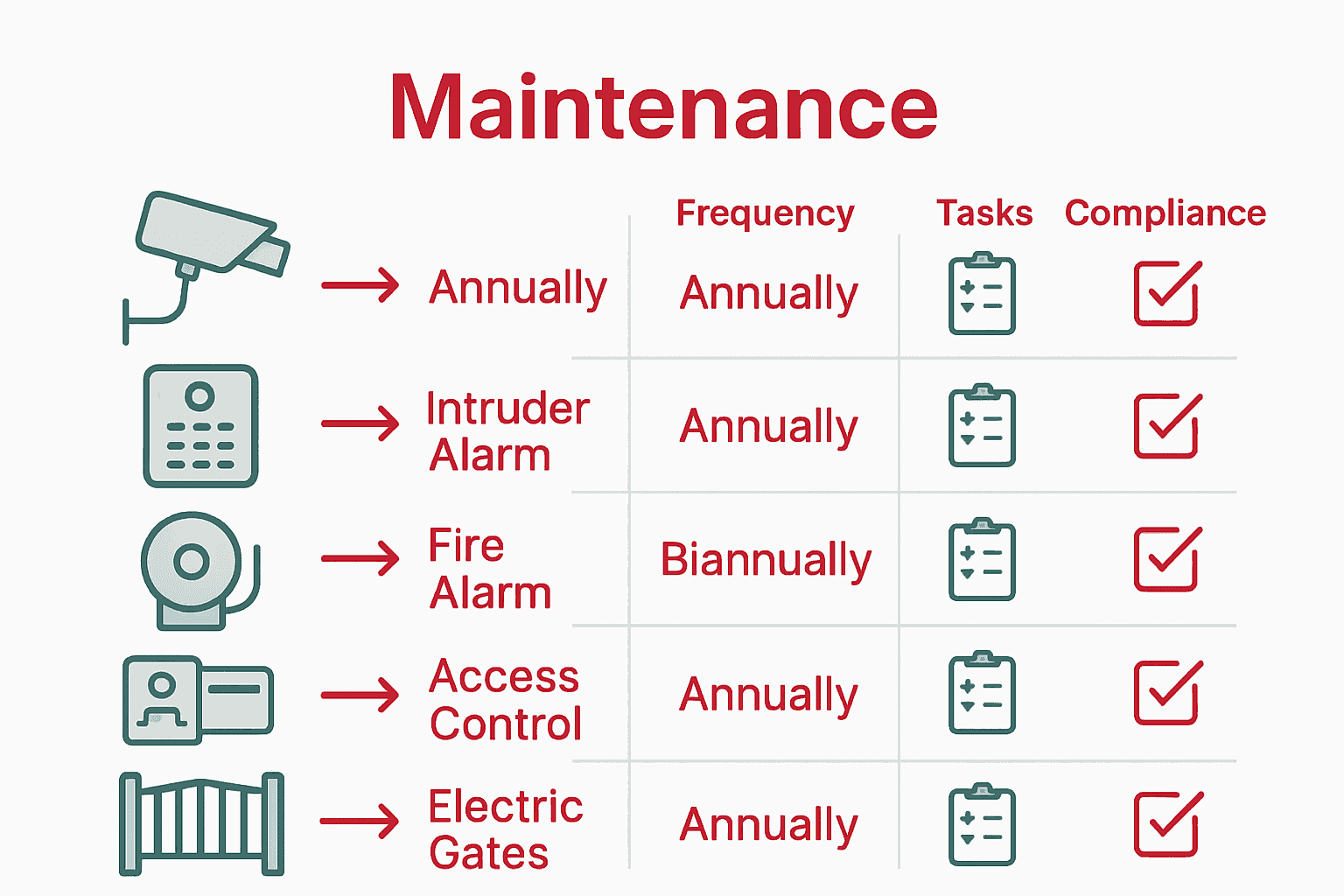 Infographic comparing UK security system maintenance frequencies and key tasks.