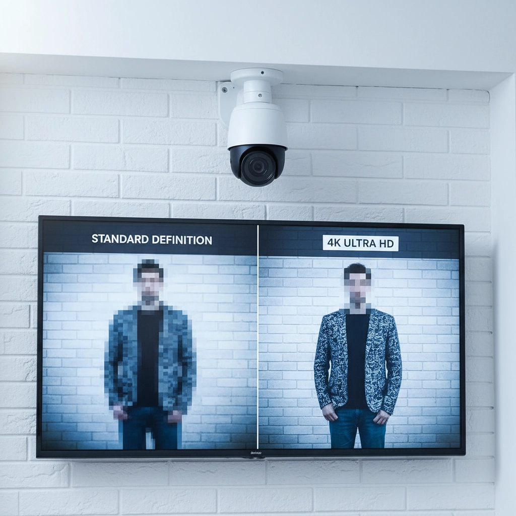 Monitor comparing standard definition and 4K Ultra HD CCTV footage of a person