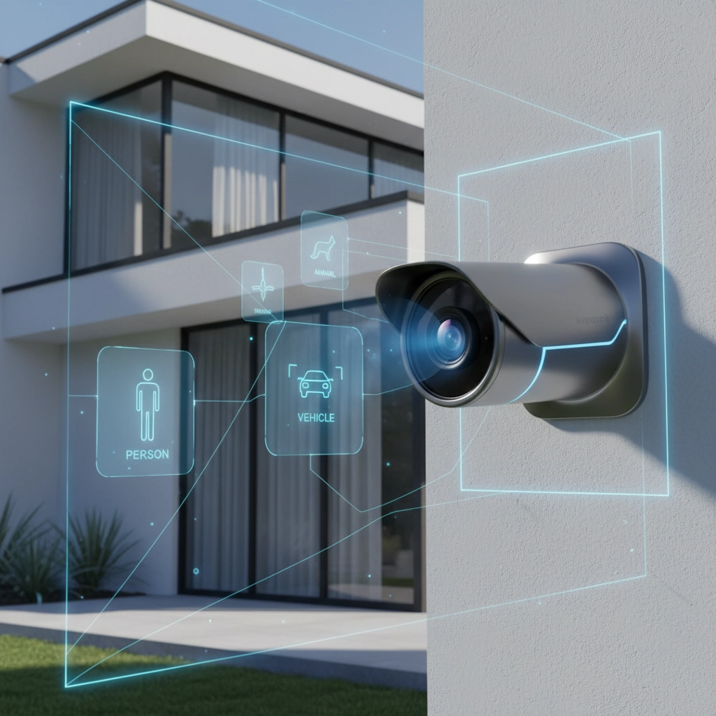 Security camera on a house with virtual detection zones for people and vehicles