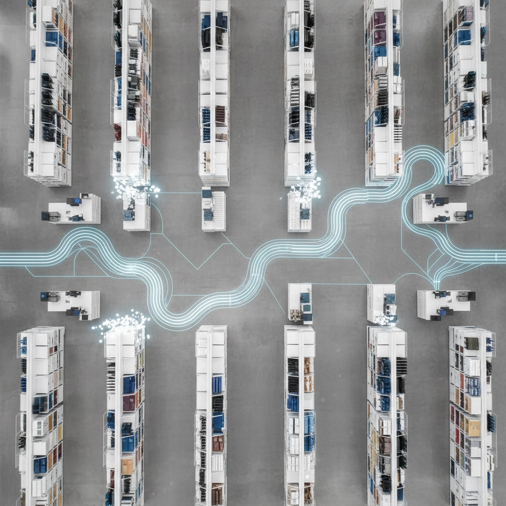 Aerial illustration of warehouse aisles with highlighted motion paths