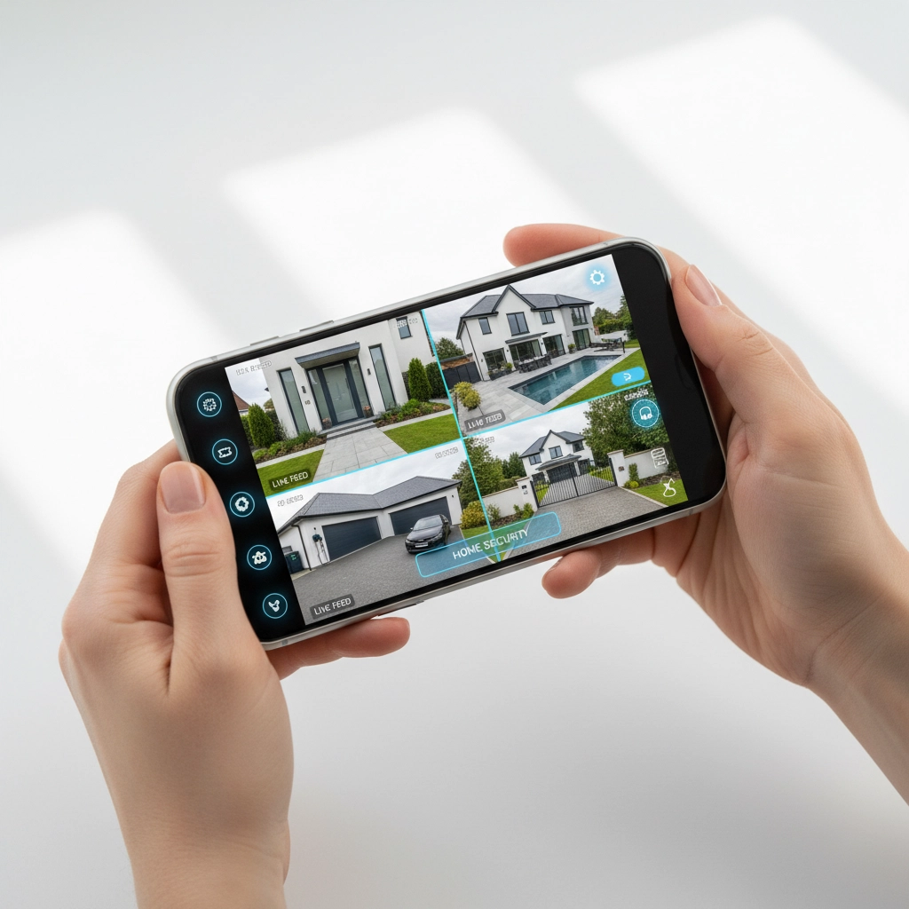 Hand holding a smartphone showing live CCTV camera views of a house