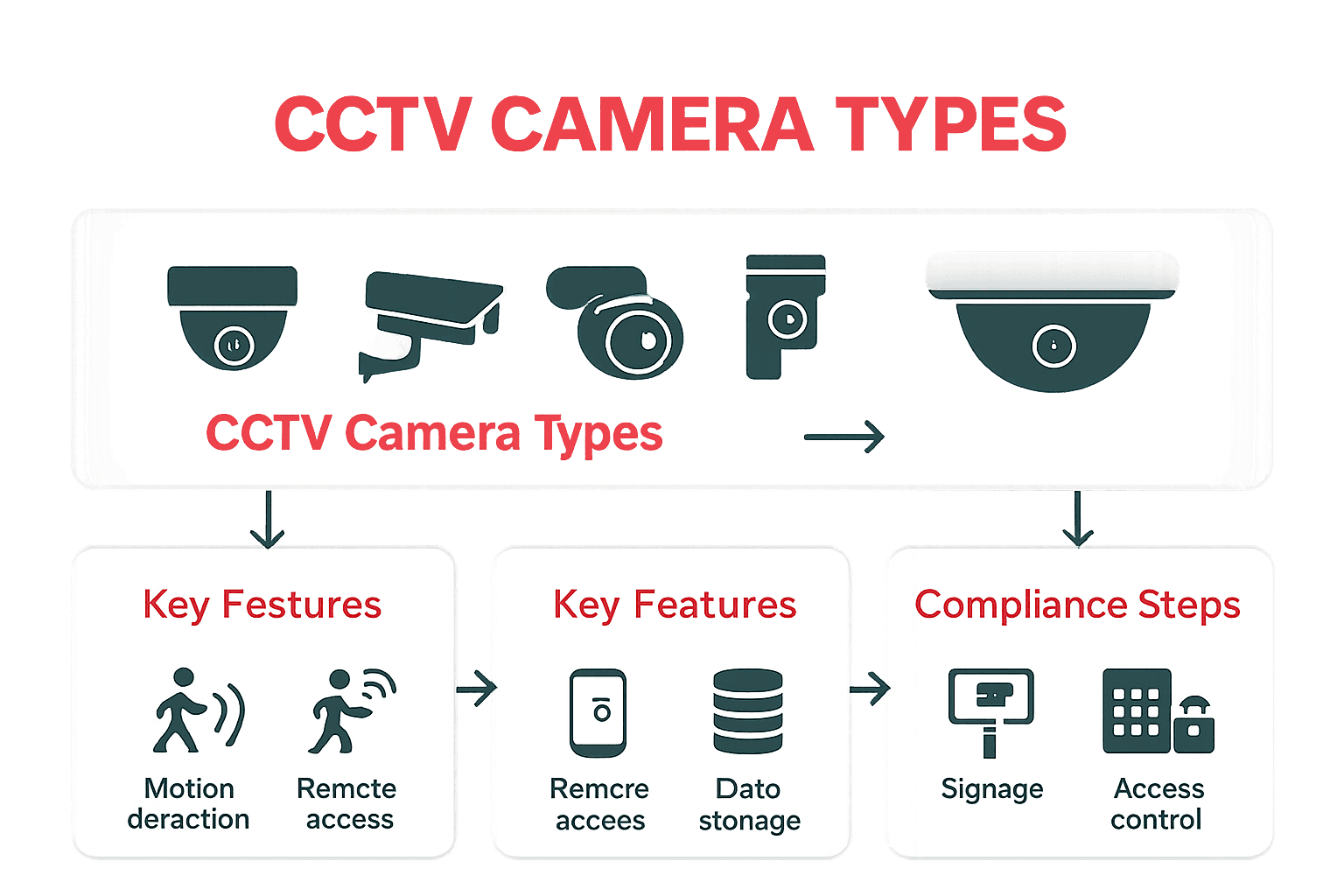Infographic comparing warehouse CCTV types, features, and compliance steps.