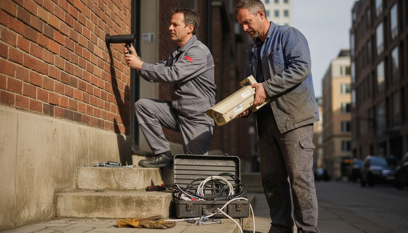 Technicians installing analogue and digital CCTV cameras