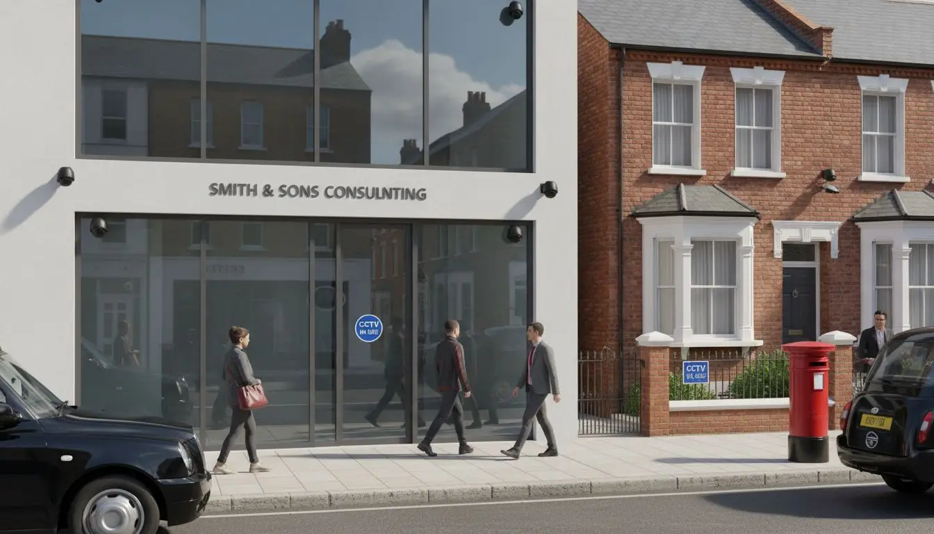 British business and home with CCTV cameras visible