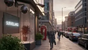 Street with multiple modern security cameras