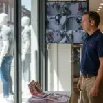 Retail manager reviewing CCTV monitor at shop entrance