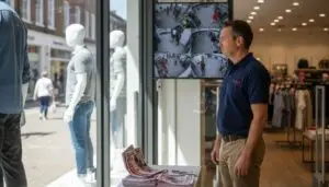 Retail manager reviewing CCTV monitor at shop entrance