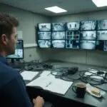 CCTV operator viewing analogue and digital camera feeds