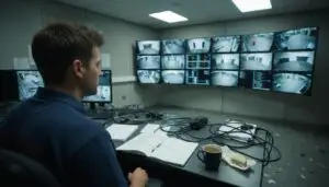 CCTV operator viewing analogue and digital camera feeds