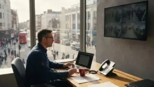 Business owner using remote CCTV in office