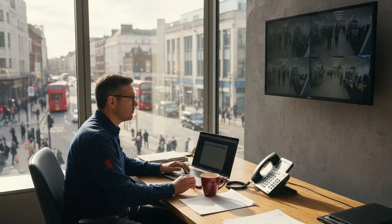 Business owner using remote CCTV in office