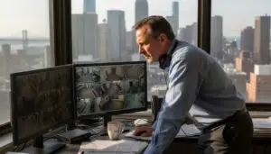 Security manager checking CCTV feeds in office