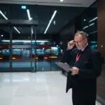 Security guard checks building lobby at night