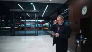 Security guard checks building lobby at night