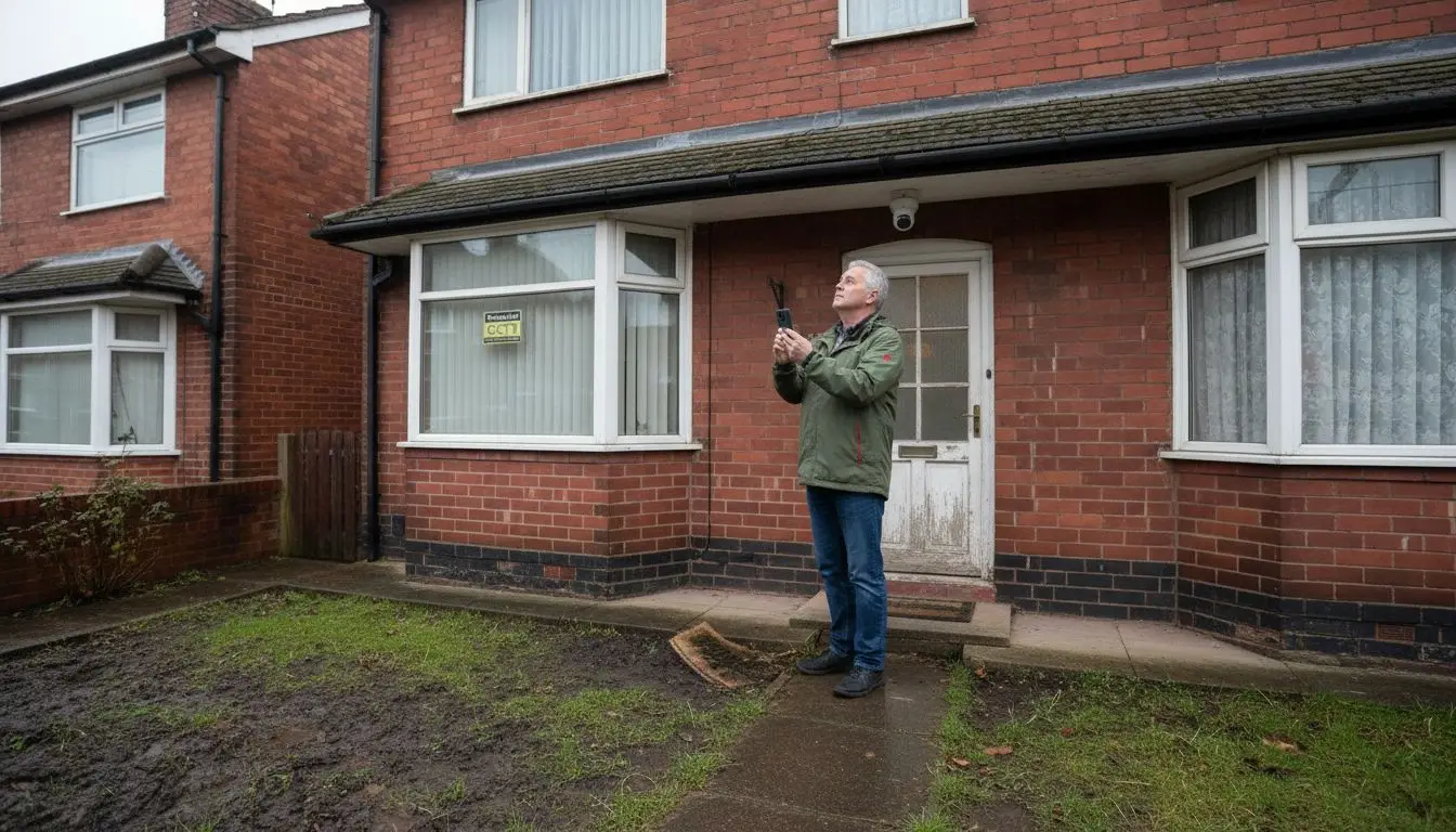 UK homeowner installing CCTV outside house UK homeowner installing CCTV outside house