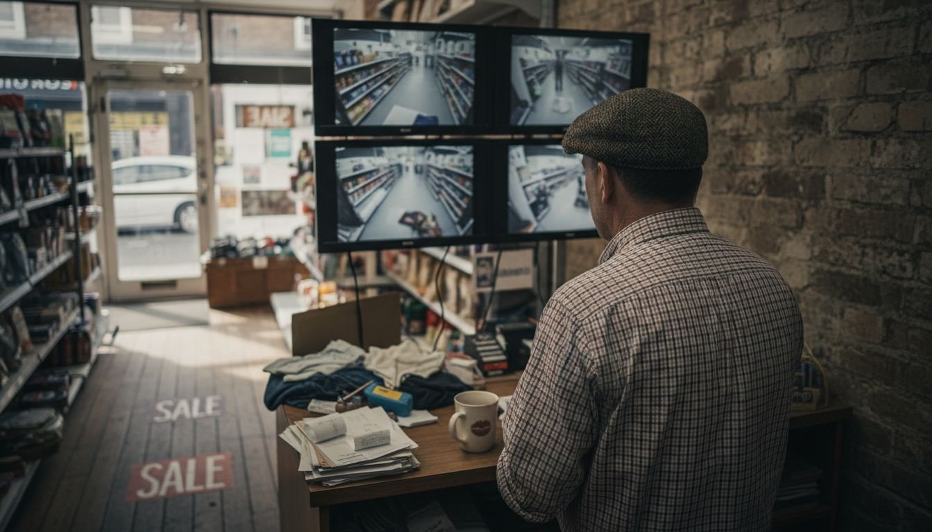 Shop owner reviewing CCTV monitors in store Shop owner reviewing CCTV monitors in store