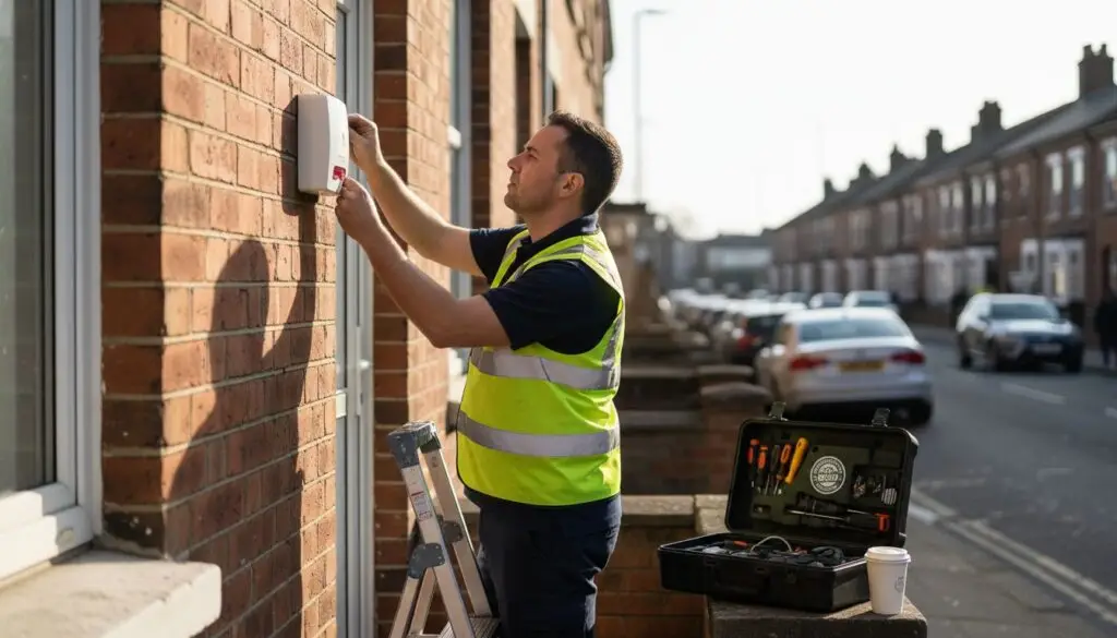 Technician installing burglar alarm at brick house