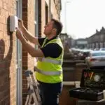 Technician installing burglar alarm at brick house