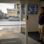 Security manager monitors live CCTV entrance footage
