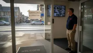 Security manager monitors live CCTV entrance footage