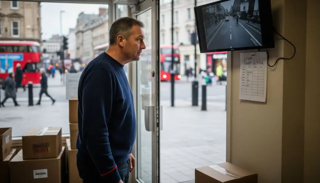 Shop owner checking wall CCTV monitor