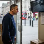 Shop owner checking wall CCTV monitor