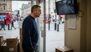 Shop owner checking wall CCTV monitor