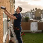 Technician installing CCTV camera on UK home