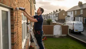 Technician installing CCTV camera on UK home
