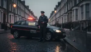 Security officer responding to building alarm call