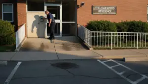 Security guard at care home entrance keypad