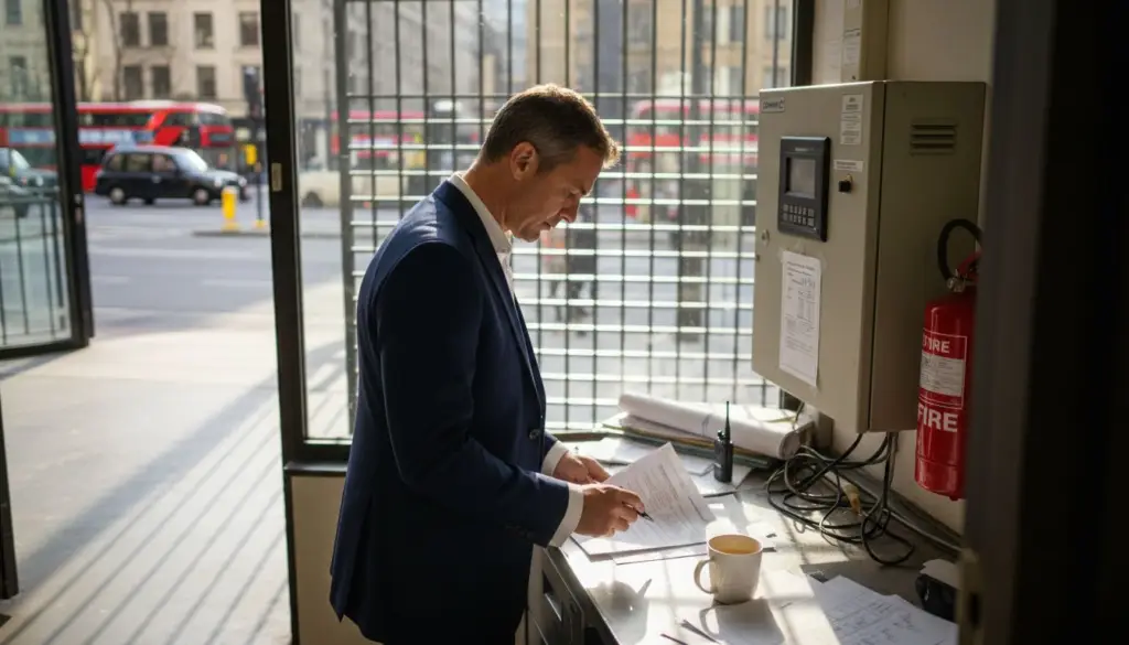 Facility manager checking UK alarm panel