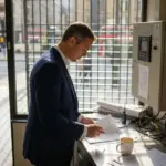 Facility manager checking UK alarm panel