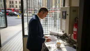 Facility manager checking UK alarm panel