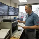 Facilities manager inspects security system rack