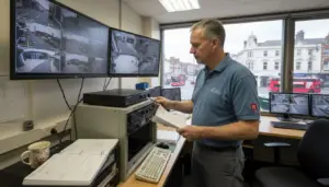 Facilities manager inspects security system rack