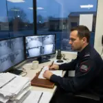 Security officer watching video feeds in Essex office