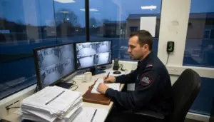 Security officer watching video feeds in Essex office