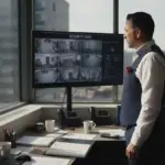 Manager checks CCTV in busy UK office