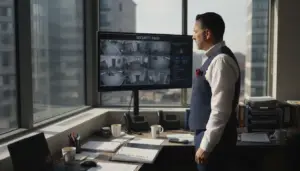 Manager checks CCTV in busy UK office