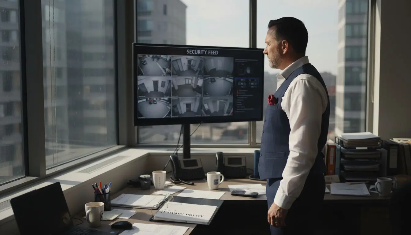 Manager checks CCTV in busy UK office