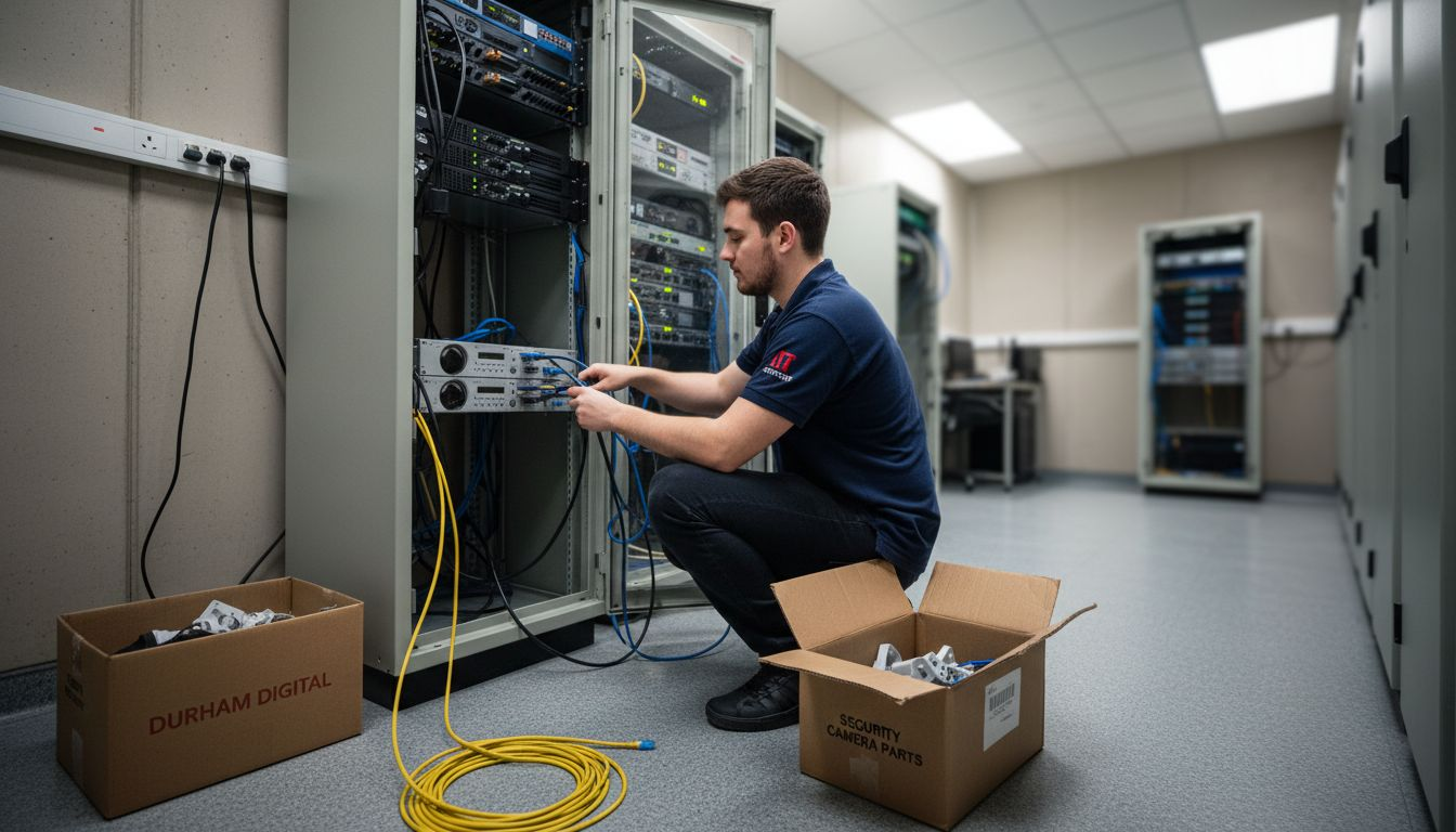 Technician connecting CCTV equipment in server room