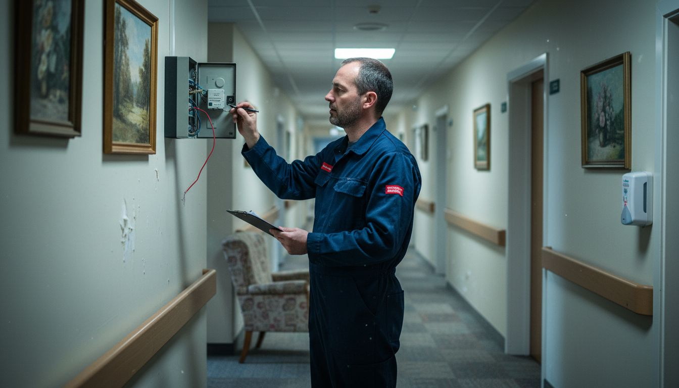 Technician checking burglar alarm in hallway
