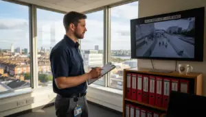 Facilities manager monitoring CCTV in office