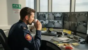 Security officer monitoring CCTV in office