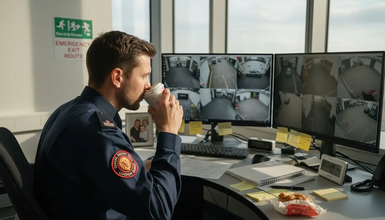 Security officer monitoring CCTV in office Security officer monitoring CCTV in office