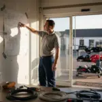 Technician starting retail shop alarm installation