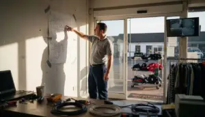 Technician starting retail shop alarm installation