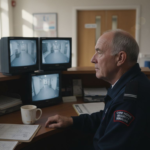 Security guard monitoring cameras in care home