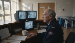 Security guard monitoring cameras in care home